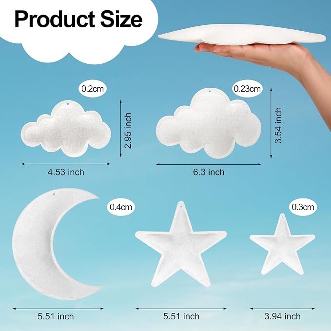 Ayfjovs 8pcs 3D Hanging Cloud Set with Moon and Stars for Ceiling Decor, Felt Artificial Ceiling Clouds for Art Stage Wedding Nursery Children Room Party Baby Shower Cloud Props