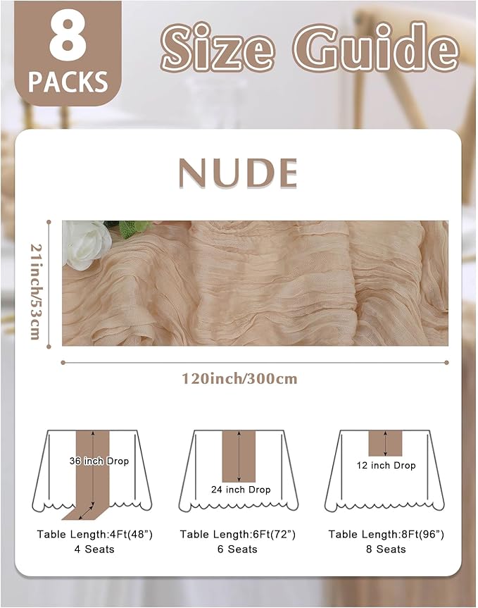 8 Pack Nude Cheesecloth Table Runner 21x120 Inch Gauze Tan Table Runners Reusable Polyester 10ft Boho Rustic Cheese Cloth Table Runner for Wedding Party Baby Shower