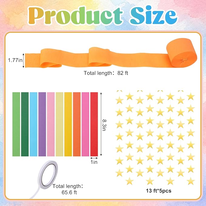 1000 Sheet Paper Chain Strips and Star Garland Set, Rainbow Paper Chains and 65 ft Gold Stars Decor with 492 ft Crepe Paper Streamers for DIY Crafts Pride Month Birthday Wedding Theme Party