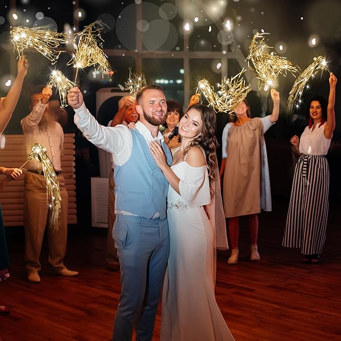 Simgoing 100 Pcs Lighted Wedding Wands LED Tinsel Wands Light up Streamers Sparklers for Wedding Send Off and Exits Birthday Party Props Favors(Champagne)