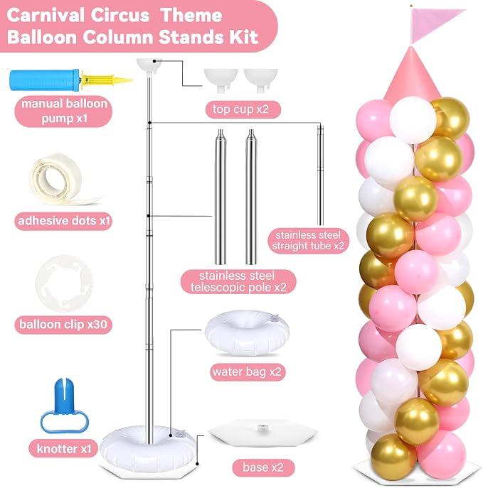 2 Sets Pink Princess Castle Balloon Column Stand Kit with 100 Balloons 2 Tricorne Hat 2 Pennant Pink White Gold Adjustable Balloon Tower Stand with Base for Princess Wedding Birthday Party Supplies