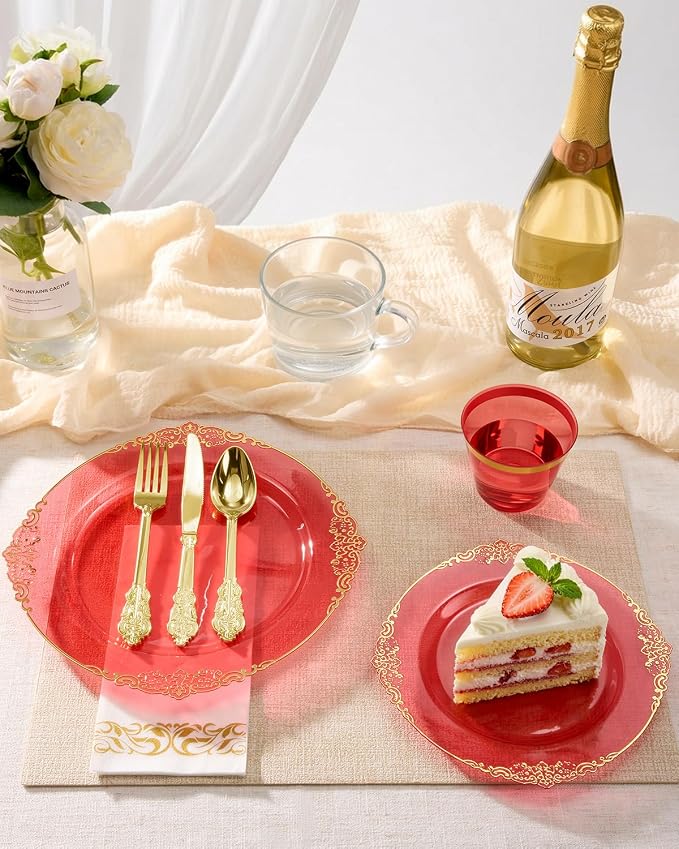 Bestluck 350PCS Clear Red Plastic Plates for 50 Guests, Disposable Plates with Gold Trim include 50 Dinner Plates, 50 Dessert Plates, 150 Gold Silverware, 50 Cups, 50 Napkins for Party