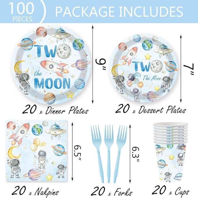 124pcs Two the Moon Birthday Party Supplies - Outer Space Two Party Plates Napkins Cups Forks Tablecloths Space Astronaut Banner Hanging Swirls for Boys 2nd Birthday Decorations(20 Guests)