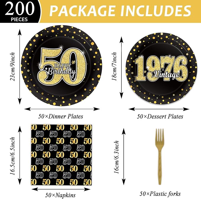 200Pcs 50th Birthday Party Decorations Vintage 1976 Paper Plates and Napkins Black Gold 50 Year Old Disposable Tableware Set for Men Women 50th Birthday Anniversary Party Favors Supplies Serves 50