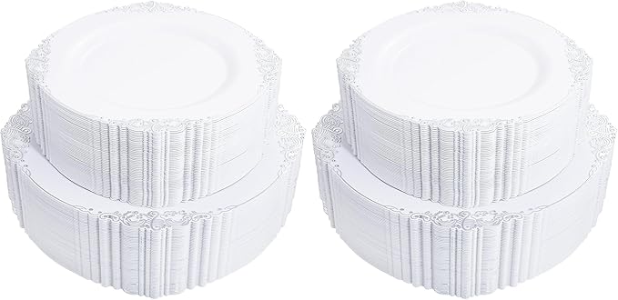 102PCS White and Silver Plastic Plates - Heavyweight Silver Plate - Wedding Plate with Silver Rim - Fancy Dinner & Dessert Plates for 51 Guests Weddings & Parties (Pack of 2)