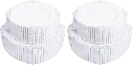 102PCS White and Silver Plastic Plates - Heavyweight Silver Plate - Wedding Plate with Silver Rim - Fancy Dinner & Dessert Plates for 51 Guests Weddings & Parties (Pack of 2)