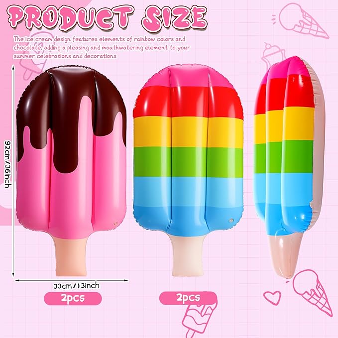 JellyArch 4 Pcs 36 Inch Inflatable Ice Cream Blow up Rainbow Ice Cream Inflatable Summer Decorations for Summer Pool Beach Birthday Party Decor