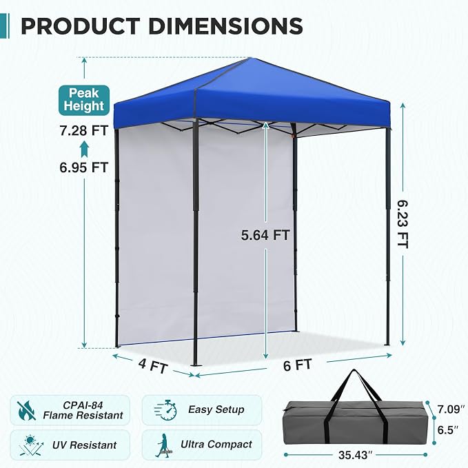 EAGLE PEAK 6x4 Instant Pop Up Canopy Tent with 1 Side Wall Panel, Straight Leg Sun Shelter, Portable Canopy with Carry Bag for Camping, Beach & Sports, Blue