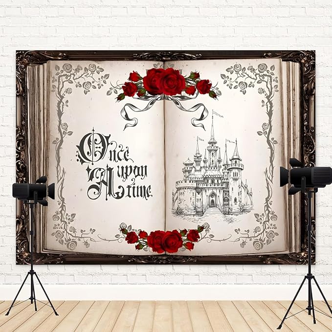 10x8ft Once Upon a Time Backdrop Princess Castle Wedding Party Photography Background Fairytale Book Romantic Story Red Roses Bridal Shower Decorations Birthday Portrait Photo Booth Prop
