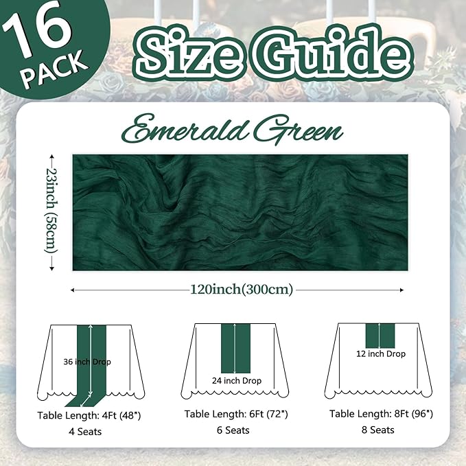16 Pack Emerald Green Cheesecloth Table Runner 10ft Boho Gauze Fabric 120 Inch Cheese Cloth Table Runner Rustic Sheer for Holiday Baby Shower Party Décor Home Wedding Decoration