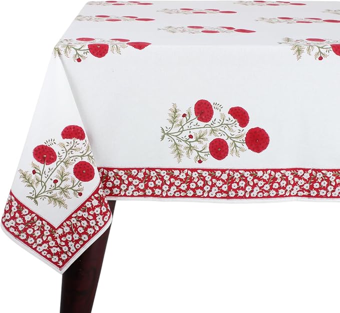 Ridhi Falum Red Hand Block Print Cotton Rectangle Tablecloth 190" x 72" inches Reusable Table Cover Decorative Everyday Use for Dining Room, Farmhouse, Home Gift for Spring, Mother's Day
