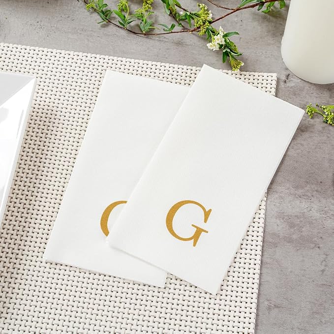 Luxenap 15.8 X 7.9 Inch Linen-Feel Guest Towels, 50 Lettered Hand Towels - Gold Letter 'G', Sans Serif Font, White Paper Dinner Napkins, airlaid, For Restrooms And Tables - Restaurantware