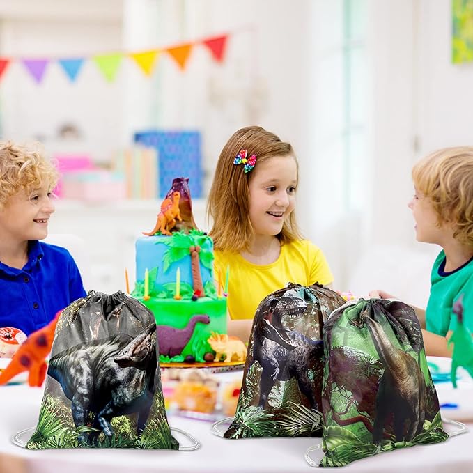 24 Dinosaur Party Favors Bags Dinosaur Drawstring Gift Dino Birthday Party Supplies Goody Bags Dino Goodie Treat Backpack for Gift Candy Snack Travel Storage
