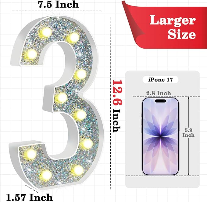 12.6 Inch LED Silver Marquee Light Up Numbers, 3rd Birthday Decorations Number Lights as Gifts for Girls Boys, Glitter Lighted Marquee Numbers for Silver Anniversary Party Table Decor, 3