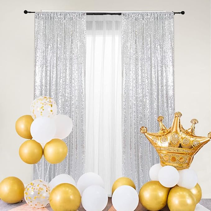 PartyDelight Silver Sequin Backdrop Curtains 2x8ft 2 Panels | 3mm stitched sequin curtain with 4 inch rod pocket for 2x8ft 2 panel doorway window side drape narrow photo booth strip