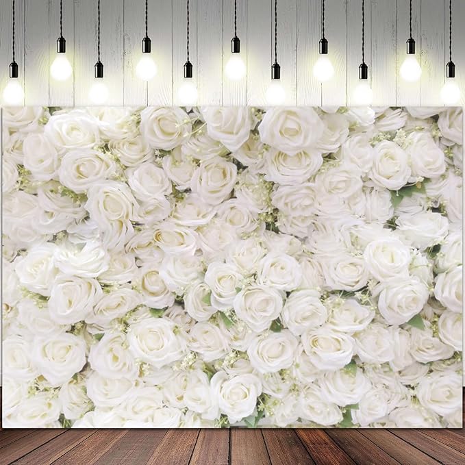 9x6ft Flower Backdrop White Rose Floral Photography Background Engagement Ceremony Bridal Shower Wedding Party Banner Decorations Kids Birthday Newborn Baby Shower Portrait Photo Booth Prop