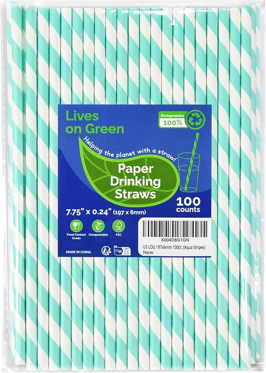 Light Blue 7.75 inch Disposable Paper Straws for Drinking, 100 Counts, Eco-friendly - for Baby Shower, Party, Decoration, Paper Crafts Sticks