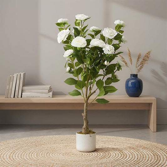 2.8FT Artificial Camellia Tree in Pot, Faux White Flowers with 20 Bloomings, 34" Artificial Plants Indoor Trees for Home and Office Decor