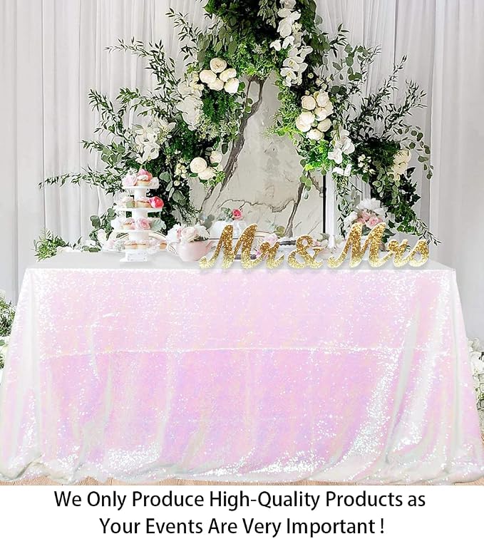 Sequin Tablecloth Rectangle 50x72-Inch Iridescent White Table Cloths for Parties Rectangular Table Cover Overlay Glitter White Birthday/Baby Shower/Tea Party Decor