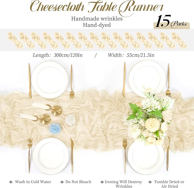 15 Packs Cheesecloth Table Runner - Ivory, 10 Ft Light Beige Gauze Boho Wedding Table Runner - Boho Wedding Table Decor - 21.5x120in