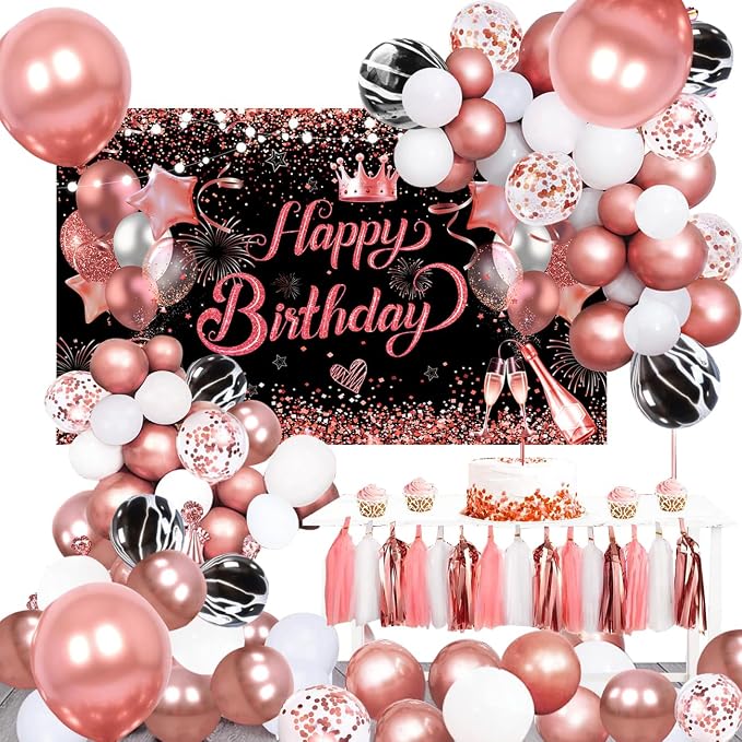 Rose Golden Happy Birthday Party Balloons Decorations Set, 80 PCS | with Photo Background Backdrop, Happy Birthday Sign Cloth, 3PCS 18inch Metal Pink Gold Balloons, Rose Gold Confetti Balloons