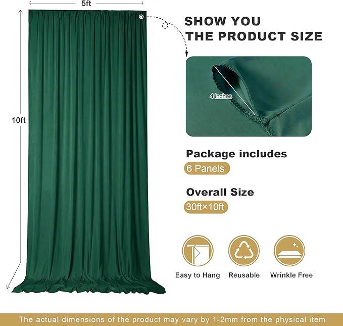 30x10ft Hunter Green Backdrop Curtains for Parties, 6 Panels 5x10ft Wrinkle-Free Polyester Background Curtains for Wedding, Birthday, Baby Shower,Graduation, Decorations