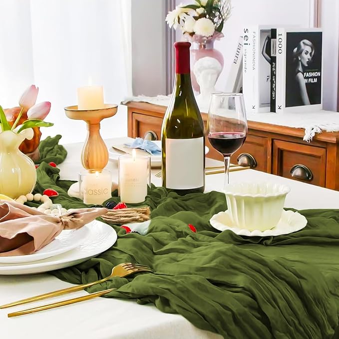 12 Pack Olive Green Cheesecloth Table Runner, 10FT Cheesecloth Rustic Boho Table Runner Long Romantic Semi Sheer Table Runner for Wedding Baby Shower Birthday Bridal Party Decorations(21.5×120 Inch)