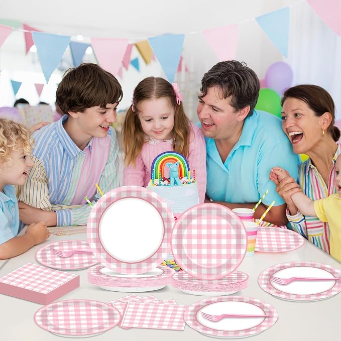 200 PCS Pink Checkered Tableware Disposable Pink And White Checkered Party Supplies Dinnerware Set Plaid Plates Outdoor Supplies Girls Barbecue Picnic Birthday Party Decoration Serve 50 guest
