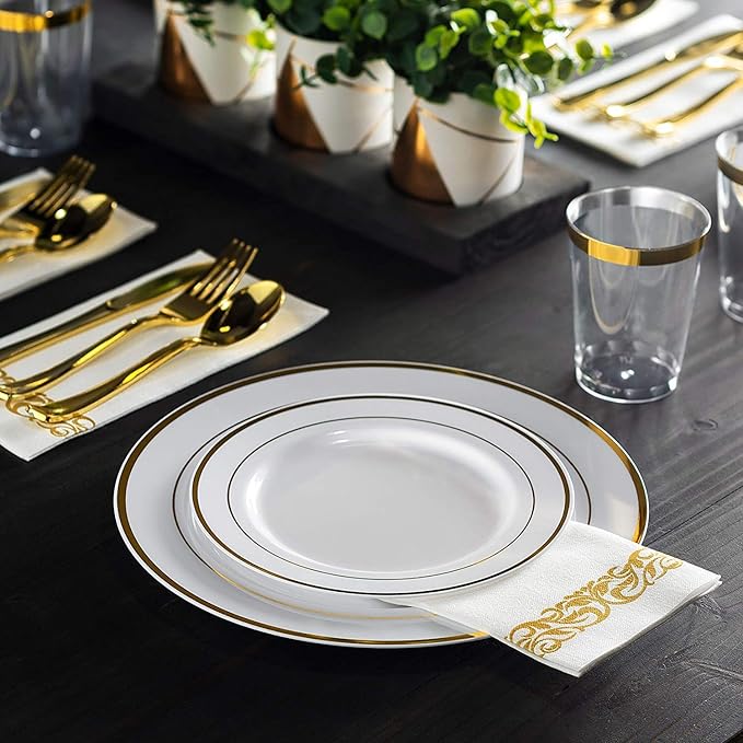 TTFM 175 Piece Plastic Dinnerware Set for 25 Guests, Plastic Plates for Party, Includes 25 Dinner Plates, 25 Dessert Plates, 25 Pre Rolled Napkins With Plastic Silverware, and 25 Cups (Gold)