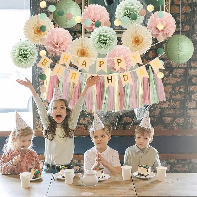Sage Green Blush Pink Birthday Decorations Boho Pastel Sage Green and Dusty Pink Birthday Decorations for Women Girls Beige Fans with Light Pink Cream Dusty Rose Tassel Garlands Banner Beige and Gold
