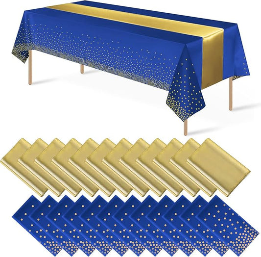 24Pack Disposable Plastic Tablecloths and Satin Table Runner Set Blue and Gold Dot Tablecloth Gold Satin Table Runner for Wedding Birthday Baby Shower Anniversary Christmas New Year Party Decorations