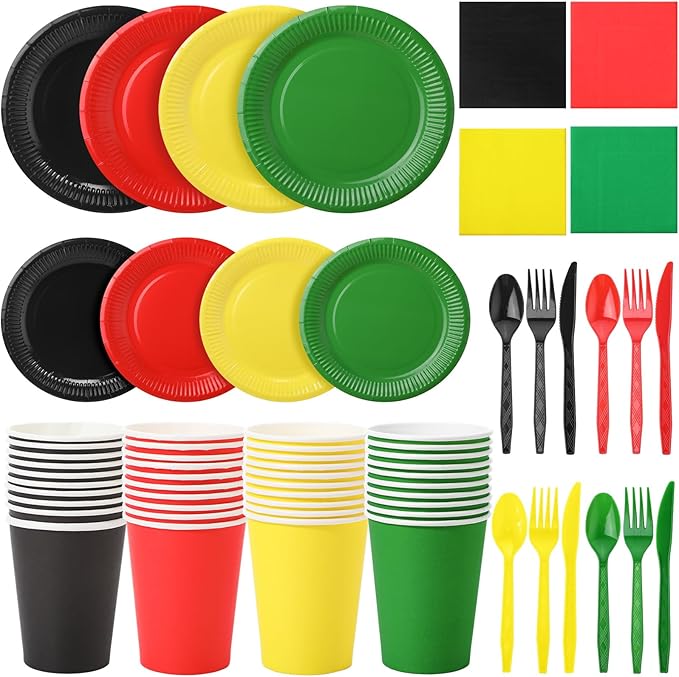 Domensi 280 Pcs Juneteenth Decorations Disposable Paper Plates Napkins Cups Plastic Forks Knives Spoons for African American Appreciation Month Rasta Afro Festival Freedom Day