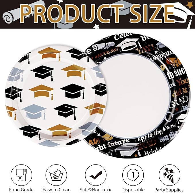 Grencian Graduation Decorations Class of 2026 200Pcs Graduation Plates and Napkins Disposable Congrats Grad Tableware Black Gold Graduation Party Supplies for 2026 Graduations Party, Serve 50