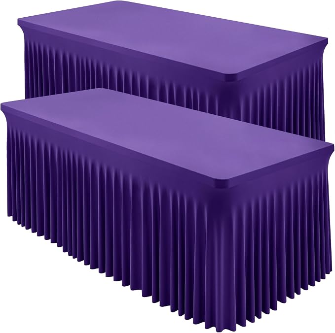 2 Packs Purple Spandex Table Covers 8 Foot, Fitted Stretch Table Cloth with Skirts 96x30 Inch, Wrinkle-Free Floor Length Rectangle Tablecloths for Trade Show Weddings Parties Banquets Events