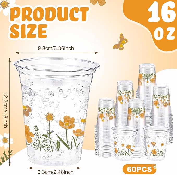 Hushee Yellow Boho Floral 60 Pcs Party Cups 16 oz Plastic Disposable Drinking Cups for Birthday Love Baby in Bloom Baby Shower Summer Fresh off The Market Bridal Shower Decorations Supplies