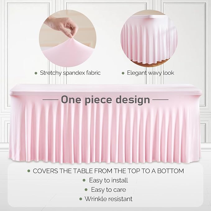 2 Packs Pink Table Clothes for 8 Foot Rectangle Tables, One-Piece Wrinkle Resistant Stretch Spandex Table Covers with Skirt for Event Banquet Wedding Birthday Party