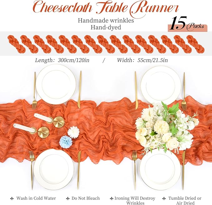 15 Packs Cheesecloth Table Runner Orange, 10 Ft Burnt Orange Table Runner for Wedding, Rustic Gauze Boho Decoration for Wedding Party Bridal Shower,21.5x120in