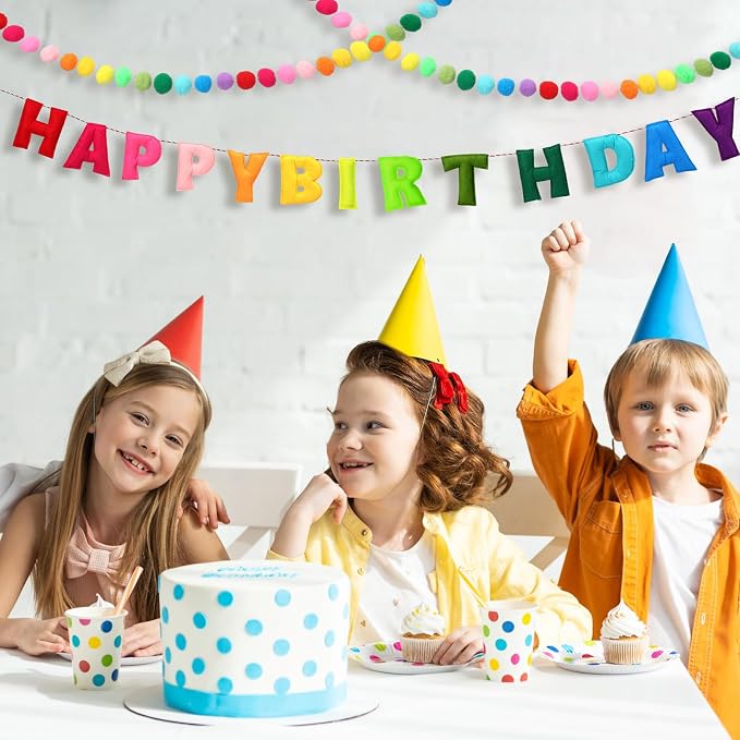 Mindsoft 2 Pcs 9.83ft Pre Strung 3D Happy Birthday Felt Fabric Banner with Ball Garland Reusable Pom Pom Garland for Birthday Party Decorations Sign Photo Prop Boys Girls(Rainbow Color)