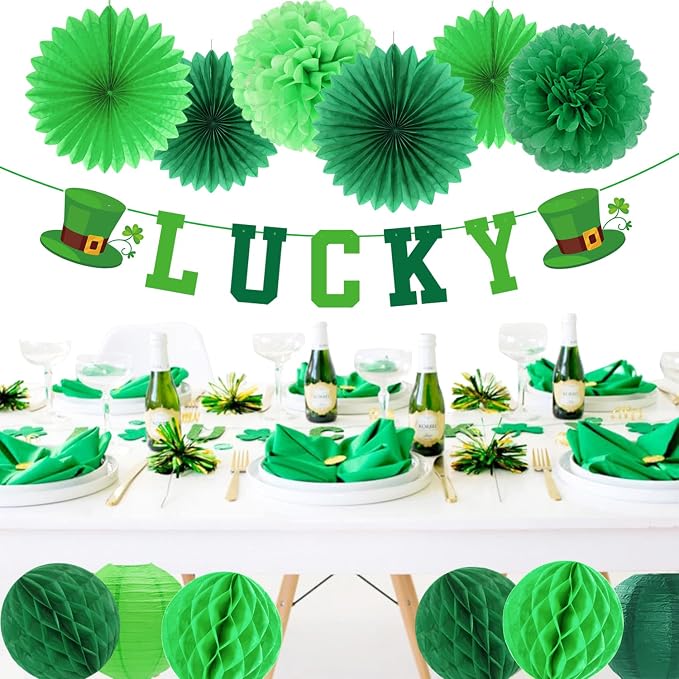 St-Patricks Day Decorations Saint-Patrick's Party Decor - 22pcs Lucky Banner,Green Shamrock Garland Paper Lanterns, Tissue Pom Poms Honeycomb Balls Flowers Fans Favors Supplies Hugmoon