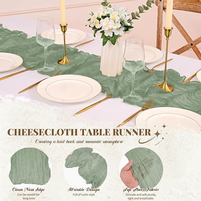 12 Pack Sage Green Table Runner, Cheesecloth Table Runner Long Romantic Semi Sheer Rustic Boho Gauze Table Runners for Wedding Bridal Shower Birthday Party Decorations(17.7×108 Inch)