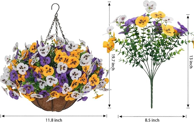 2 Set Artificial Hanging Flowers with Basket for Outdoor Decor, 24 Pcs Silk Pansy Fake Plants for Garden Porch Patio Balcony Yard Home Decoration