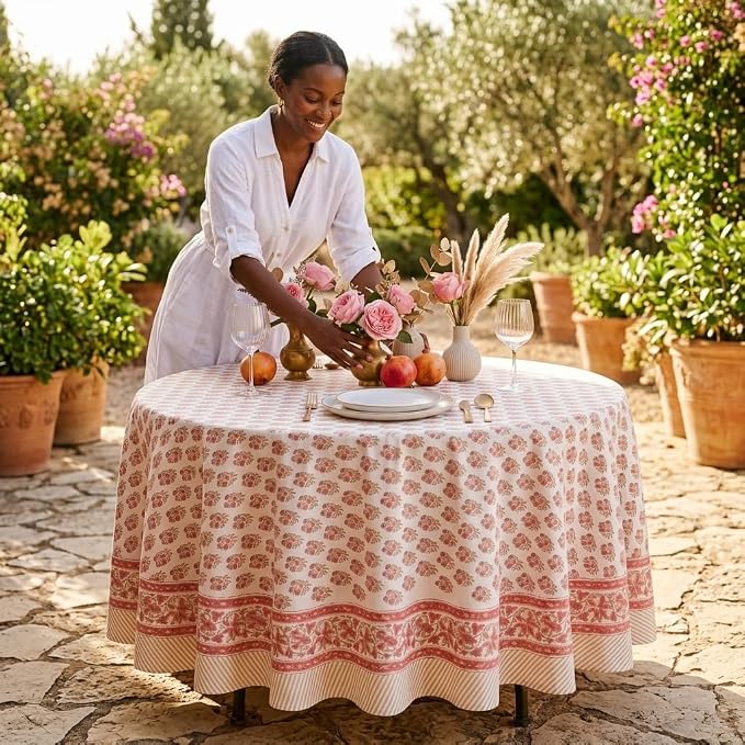ATOSII Cotton Tablecloth 60" Inches Round Ivy Red