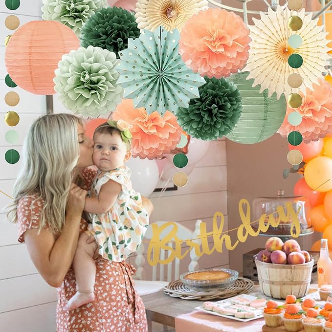 Sage Green and Peach Birthday Decorations - Olive Peach Tissue Paper Pom Poms, Hanging Paper Fans & Lantern, Gold Happy Birthday Banner for Olive Sage Green Peach Bday Baby Shower Decorations