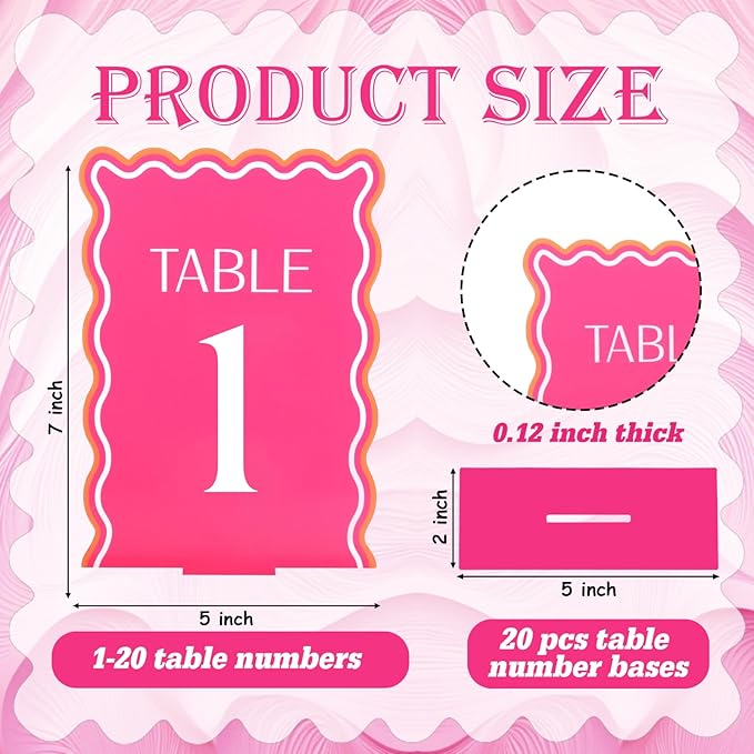 Wedding Acrylic Table Number 1-20 with 20Pcs Stands Pink & Orange, 5"x7" Elegant Place Card Centerpiece Decorations for Indoor Outdoor Wedding Bridal Shower Anniversary Party Reception