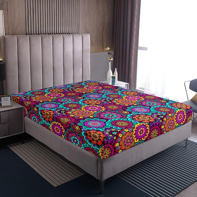 Bohemian Flowers Sheet Set Queen Size Watercolor Mandala Floral Boho Style Bedding Set for Kids Teens Women Room Decor Exotic Rustic Plant Luxury Deep Pocket Bed Sheet Set 2 Pillowcase,Polyester