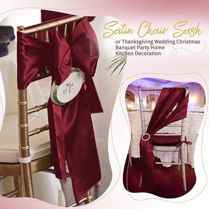 120 PCS Burgundy Satin Chair Sashes, Ties Bows Designed Chairs Decorative, Chair Cover Sashes for Thanksgiving Wedding Christmas Banquet Party Home Kitchen Decoration (7 x 108 inch)