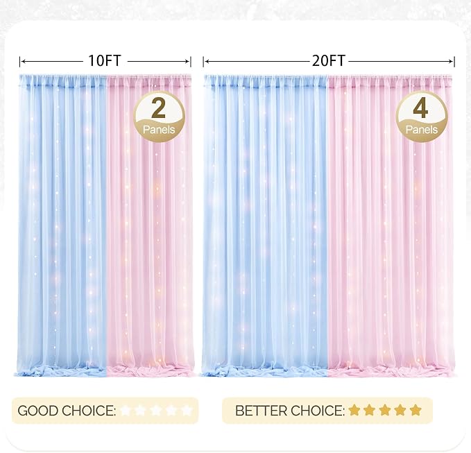 10x10ft Baby Pink Blue Tulle Backdrop Curtain with Lights String for Parites, Sheer Photo Backdrop Drapes with Lights for Wedding Backdrop Ceremony Reception Bridal Shower Baby Shower Birthday Party