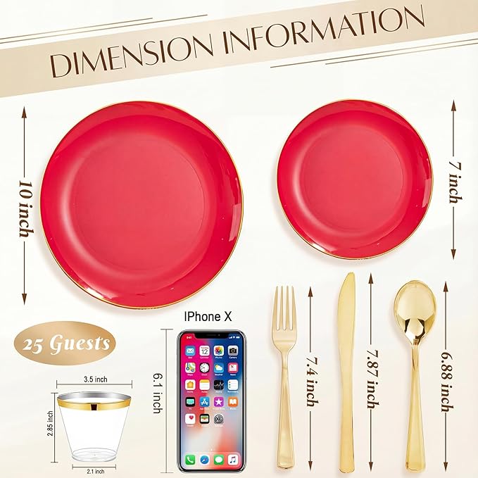 WDF 150Pcs Red Plastic Plates - Red Plates Disposable - 25Guest Christmas Dinnerware Include 25 Dinner Plate, 25 Dessert Plate, 75 Cutlery & 25 9oz Cups for Baby Shower Wedding Spring Mother's Day