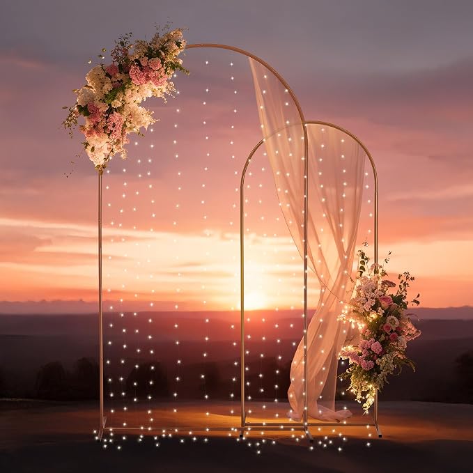 Gold Metal Arch Backdrop Stand for Wedding & Birthday Party Decorations, Foldable Balloon Arch Frame with Easy Assembly, Photo Booth Backdrop Décor with Fairy Lights Options