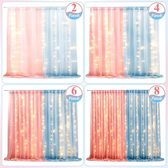 Ledido 2 Pack 10×8ft Pink Blue Tulle Backdrop Curtains with Light String - 600LED Fairy Light Sheer Curtain Backdrop for Gender Reveal Baby Shower Photo Shoot Birthday Party Decoration(4 Panels 5×8ft)